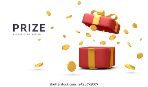 3d realistic open gift box and falling gold coins.  Concept for cryptocurrency bonus. You win prize. Vector illustration