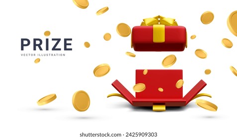 3d realistic open gift box and falling gold coins.  Concept for cryptocurrency bonus. You win prize. Vector illustration