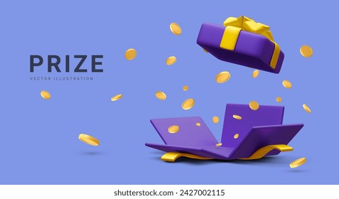 3d realistic open gift box and falling gold coins.  Concept for cryptocurrency bonus. You win prize. Vector illustration