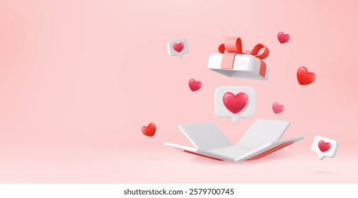 3d realistic open gift box with hearts and likes. Love like heart social media notification, speech bubble with like. Social media network. 3d rendering. Vector illustration