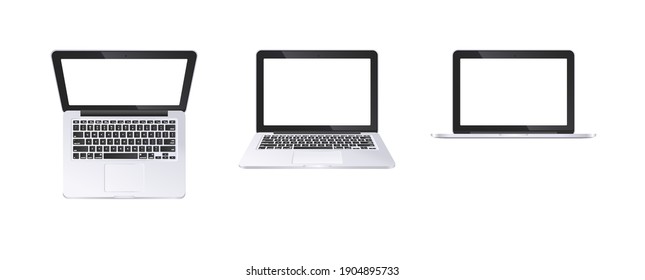  3d Realistic Open Laptop Vector, Flatlay And Front. Laptop Mockup Blank Screen 13 Inch