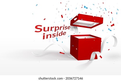 Caja de regalo 3D de color rojo abierto con arco. Caja de papel con cinta, sombra y confeti aislados en fondo blanco. Ilustración vectorial.