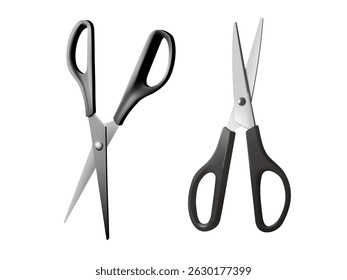 Tesoura Aberta Realista 3D Com Alças Pretas Definidas. Vetor EPS10