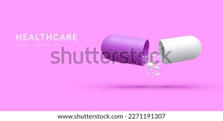 3d realistic opened capsule with balls isolated on violet background. Capsule pill and molecules as data visualization chemical composition info. Vector illustration