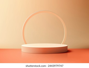 3D realistic orange color podium platform with circle frame backdrop minimal wall scene on beige background. Minimal style, Beauty, cosmetic presentation showcase, mockup stage. Vector illustration