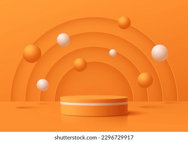 3D realistic orange cylinder pedestal podium background with white bouncing balls. Minimal wall scene mockup products stage showcase, Banner promotion display. Abstract vector geometric platforms.
