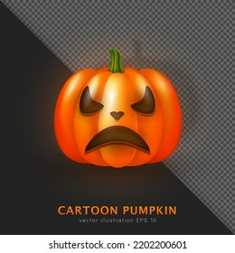 3D realistic orange pumpkin with angry face. Cartoon creepy Halloween squash. Shinny Autumn decoration with carved turnip, three dimensional gourd with green stem. Vector spooky Jack-o'-lantern