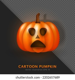 3D realistic orange pumpkin with fearful face. Cartoon creepy Halloween squash. Shinny Autumn decoration of carved turnip, three dimensional gourd with green stem. Vector spooky Jack-o'-lantern