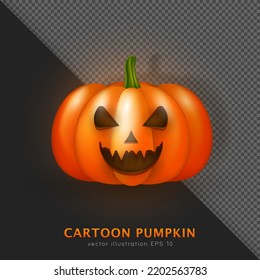 3D realistic orange pumpkin with tricky face. Cartoon creepy Halloween squash. Shinny Autumn decoration of carved turnip, three dimensional gourd with green stem. Vector spooky Jack-o'-lantern