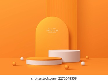 3D realistic orange and white cylinder pedestal podium background with geometric backdrop. Minimal wall scene mockup products stage for showcase, Banner promotion display. Abstract vector empty room. - Shutterstock ID 2271048359