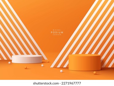 3D realistic orange and white cylinder pedestal podium background with triangle backdrop in varicoloured. Minimal wall scene mockup products, stage showcase, Promotion display. Abstract vector room.