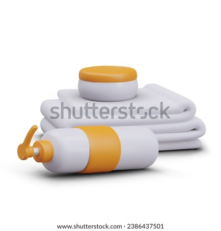 3d realistic pack of white towels. Plastic bottle with dispenser for different liquids, jar with cream for personal hygiene. Vector illustration in 3d realistic style