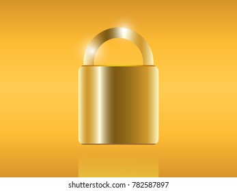 3D Realistic Padlock Illustration. Lock Icon, Golden Padlock. Closed lock Security Icon On Yellow Background. For Banners,Presentations,Reports,Wallpaper.Vector Illustration. Eps 10.