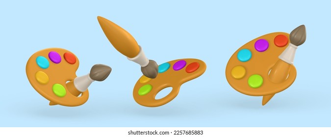 3d realistic palette with paints and brush in cartoon style. Vector illustration.
