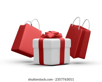 3d realistic paper bags and gift box in cartoon style on white background. Holiday cover template. Surprises and bonuses for buyers. Vector illustration