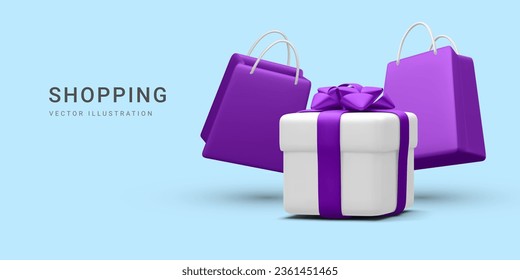3d realistic paper bags and gift box in cartoon style on light background. Holiday cover template. Surprises and bonuses for buyers. Vector illustration