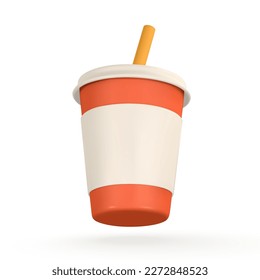 3d realistic paper cup with drinking straw. Glass for soda, juice, coffee, tea in cartoon style. Vector illustration.