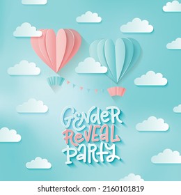 3d realistic paper cut pink and blue air balloons with lettering text - Gender reveal party. Mesh sky with clouds. Vector illustration for card, flyer, poster, decor, banner, web, advertising.