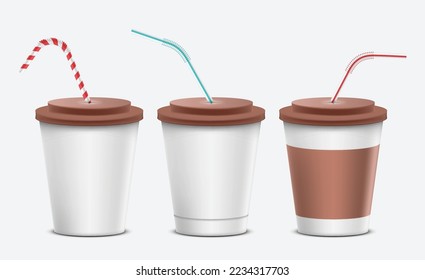 3d realistic paper disposable cup set with lid, straw for drinking beverage isolated on white background. Coffee, soda, tea, cocktail, milkshake, juice. Template of packaging. Vector illustration