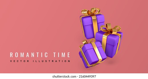 3D realistic paper purple gift boxes with gold ribbon and bow. Paper boxes falling on a red background. Vector illustration.