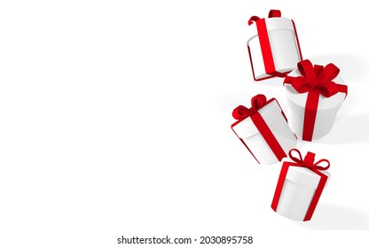 3D realistic paper white gift boxes with red ribbon and bow. Paper boxes falling on white background. Vector illustration.