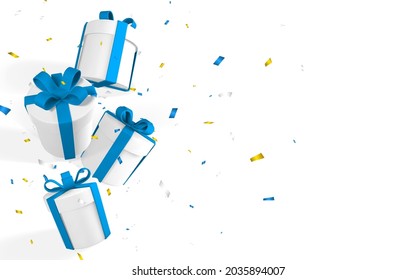 Cajas de regalo de papel blanco realistas en 3D con cinta azul y arco. Cajas de papel que caen con confeti sobre fondo blanco. Ilustración vectorial.
