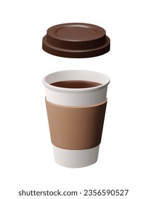 3d realistic Papper coffee Cup with plastic lid. Takeaway coffee or tea to go or delivery concept. Vector illustration isolated on white background.