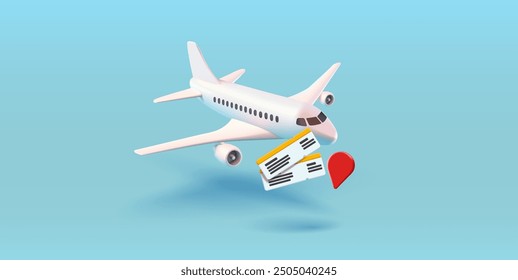 3D realistic passenger plane, tickets, navigation icon. Time for travel, time for rest. Banner for ticket buying concepts. Vector