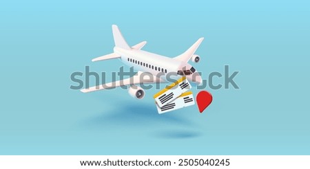 3D realistic passenger plane, tickets, navigation icon. Time for travel, time for rest. Banner for ticket buying concepts. Vector