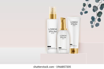 3D Realistic  Pastel Cream Bottle collection. Design Template of Fashion Cosmetics Product  for Ads, flyer or Magazine Background. Vector Illustration EPS10