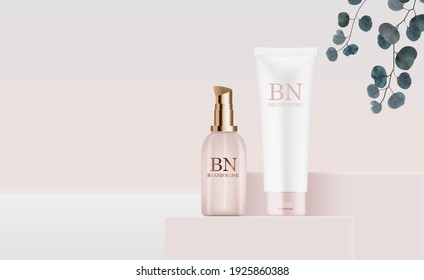 3D Realistic Pastel Cream Bottles on pedestal Background and eucalyptus leaves. Design Template of Fashion Cosmetics Product  for Ads, flyer or Magazine Background. Vector Illustration EPS10