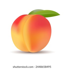 Melocotón 3d realista aislado sobre fondo blanco. Plantillas para la dieta, Jugo de publicidad, Estilo de vida saludable, Nutrición. Ilustración vectorial.