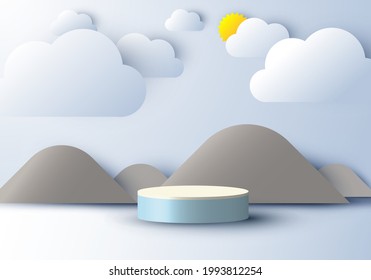 3D realistic pedestal display with nature scene mountain cloud and sun paper cut style on blue sky background. Design for product presentation, mockup, etc. Vector illustration