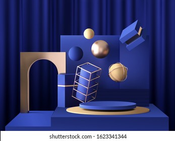 3d realistic pedestal on blue background with gold elements, disk podium with spheres, rings and boxes, abstract minimal concept, blank space, clean design, vector luxury minimalist mockup