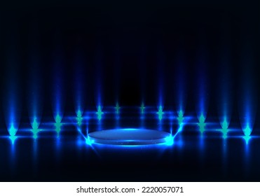 3D realistic pedestal podium with blue lighting illuminate and reflect surface on dark walk way background. Vector illustration
