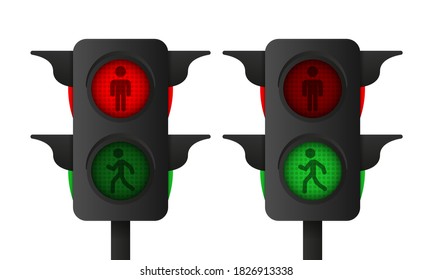 3d realistic pedestrian traffic light on white background. Vector illustration.