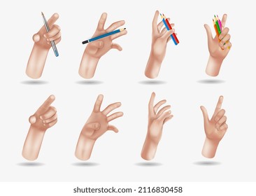 3d realistic pencil in hand with shadow isolated on white background. Vector Hands set of realistic 3d design in cartoon style. Hand shows different gestures signs.