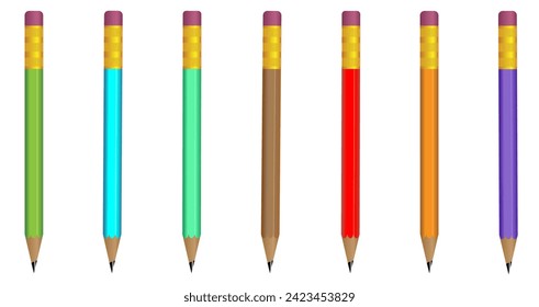 3D Realistic Pencils with Rubber Eraser. Realistic Vector Illustration Designs. 3D Wooden Stationery 
Objects for Writing and Drawing. Pencils Cartoon Creative Design Idea Isolated on White Background