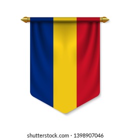 3d realistic pennant with flag of Romania. Vector illustration