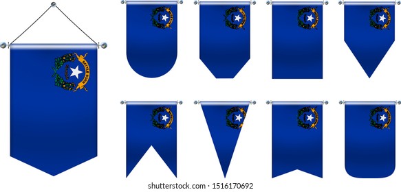 3D Realistic Pennants Hanging Flags of NEVADA state USA. Vertical Template design set national flags of country for travel, sport, advertising, signboard, website, award, achievement, festival.