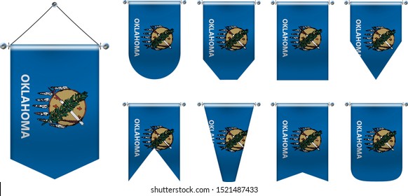 3D Realistic Pennants Hanging Flags of OKLAHOMA state USA. Vertical Template design set national flags of country for travel, sport, advertising, signboard, website, award, achievement, festival.