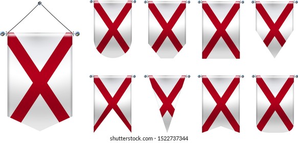 3D Realistic Pennants Hanging Flags of ALABAMA state USA. Vertical Template design set national flags of country for travel, sport, advertising, signboard, website, award, achievement, festival.