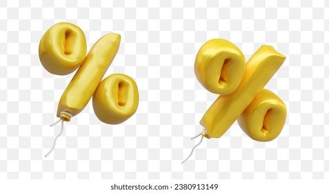 3d realistic percent gold balloon in cartoon style. Business, sales and discounts concept. Discount sign and sale. Vector illustration in yellow colors