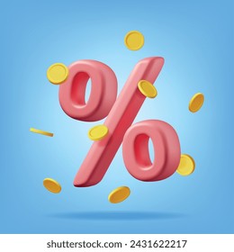 3D Realistic Percent Sign Icon with Coins. Render Money, Finance or Business Concept. Percentage, Sale, Discount, Promotion and Shopping Symbol. Offer Price Tag, Coupon Bonus. Vector Illustration