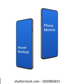 3d Realistic phone mockup, flying up mobile device scene with blank blue screen. Frame less modern smartphones set for show ui and ux design app or website. Vector illustration.