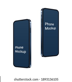 3d Realistic phone mockup, flying up blue mobile device scene with empty screen. Frameless modern smartphones set for show ui and ux design app or website. Vector illustration.