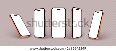 3d realistic phone mockup isolated on transparent background, new orange smartphone with blank screen standing front in different angles. Vector illustration in 3d style.