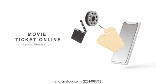 3d realistic phone for ordering movie ticket, online, mobile cinema. Vector illustration.