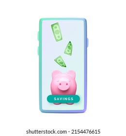 3D realistic piggy bank with mobile phone. Saving money business template. Piggy bank concept of money deposit and investment for financial app or service. Vector illustration