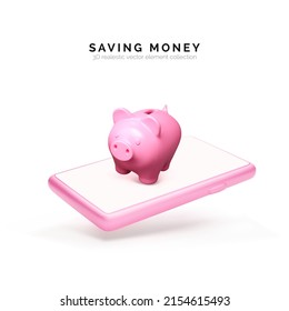 3D realistic piggy bank with mobile phone. Piggy bank concept of money deposit and investment for financial app or service. Saving money business template. Vector illustration